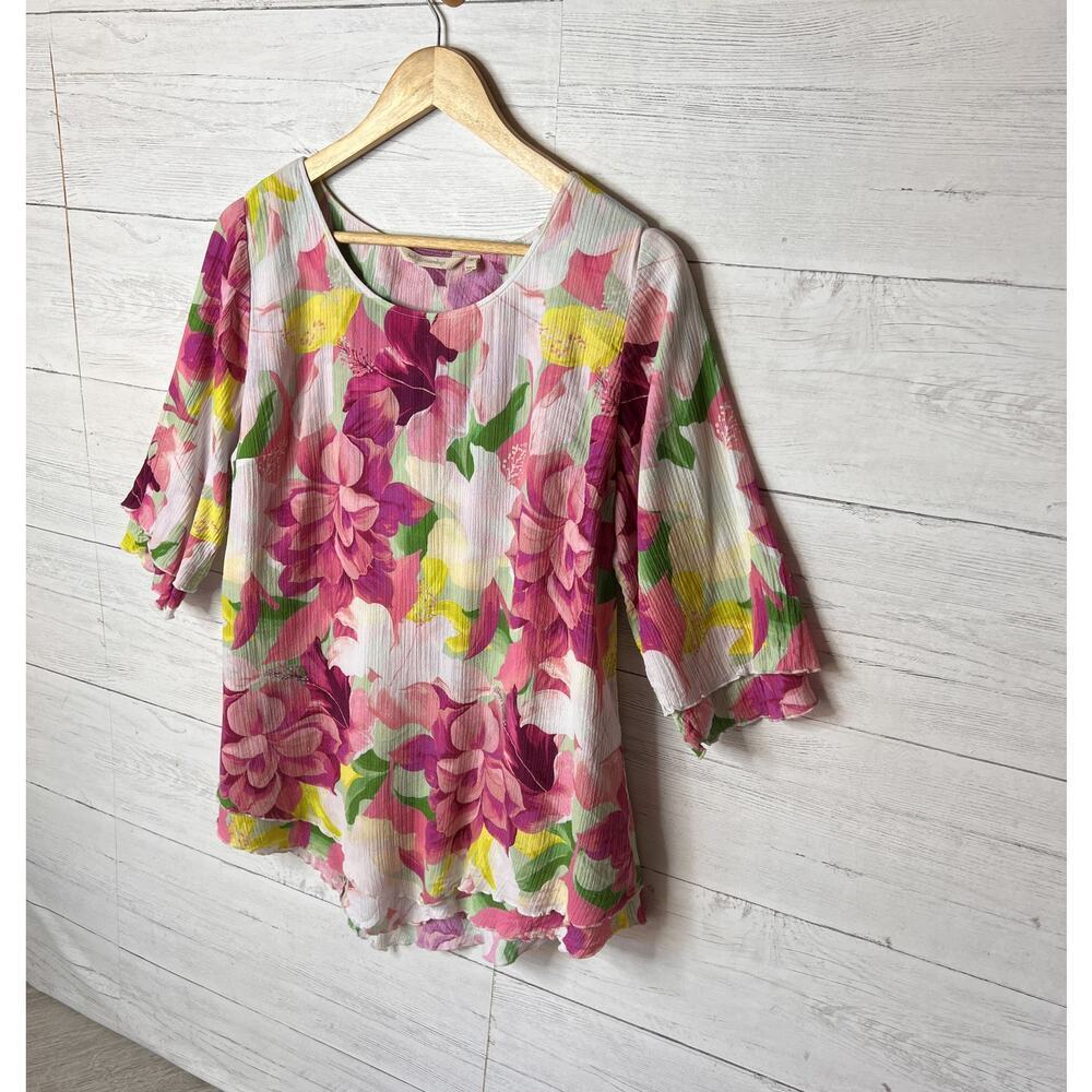 Soft Surroundings Blouse Womens Size Medium Colorful Floral Tiered Scallop Hem - Picture 5 of 16
